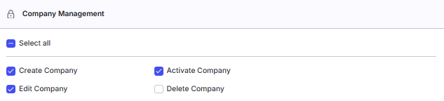 Screenshot showing the Permissions section with the Company Management category expanded and all four permission checkboxes visible.