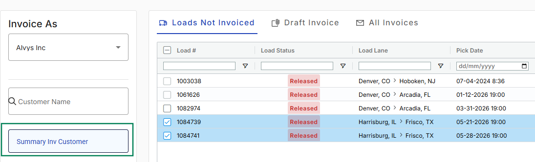 Shows the batch invoicing screen with a green box selecting Summary Inv Customer to pull up their associated un-invoiced loads.