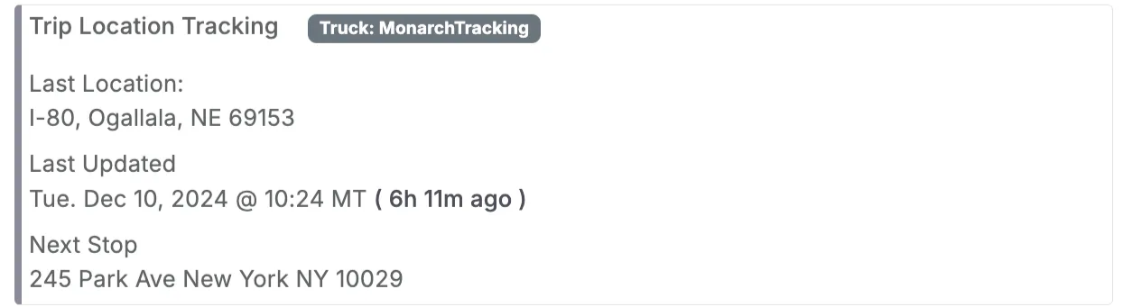 Load Details page showing real-time truck location pulled from Monarch for a load with an assigned truck
