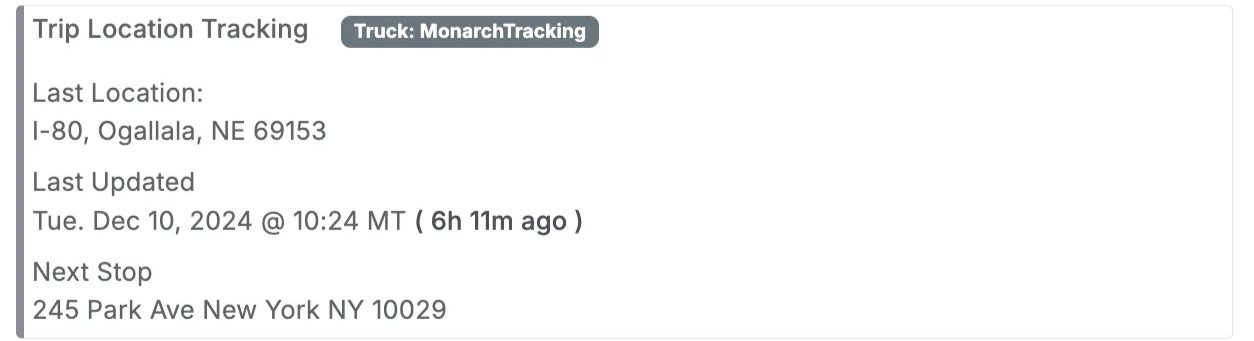 Load Details page showing real-time truck location pulled from Monarch for a load with an assigned truck