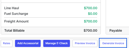 Shows the money box with a blue outline framing the Generate Invoice execution button.