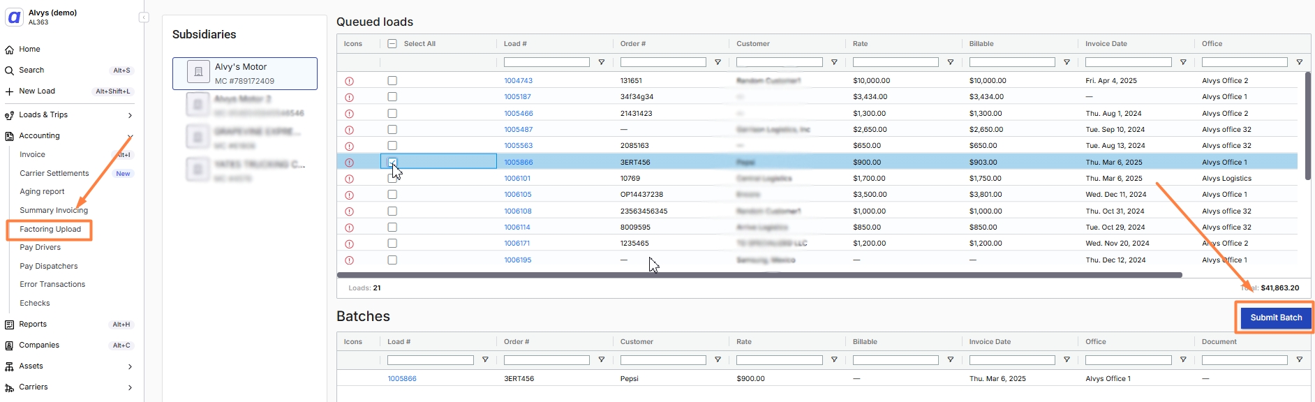 Reports > Factoring page showing the submitted batch with the download button