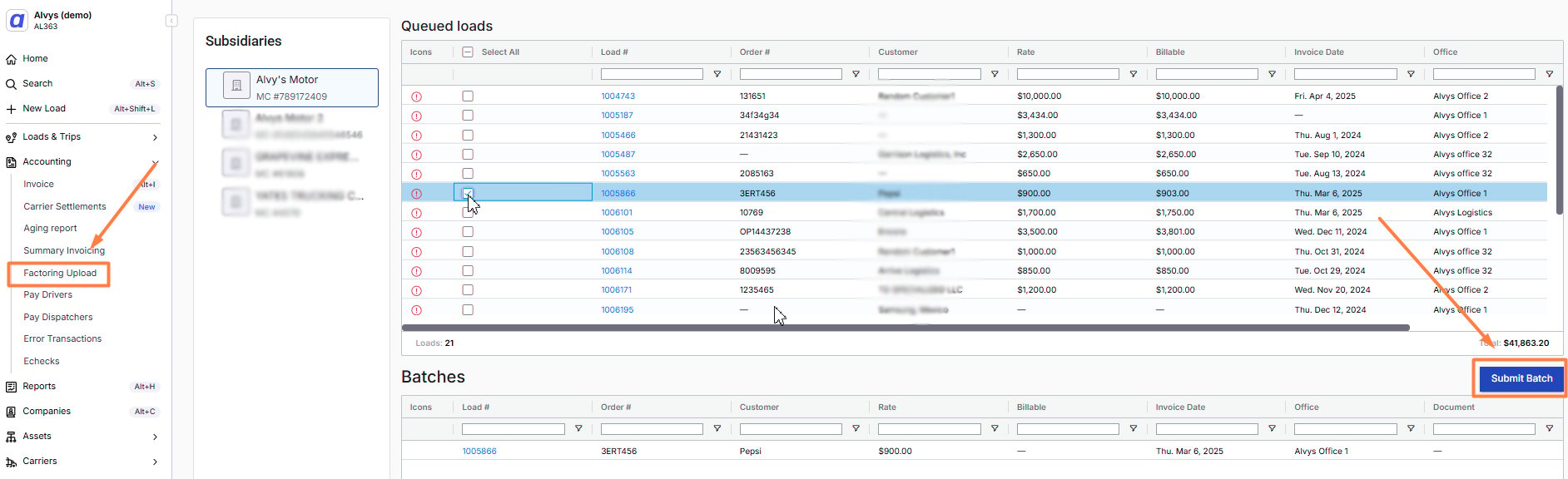 Reports > Factoring page showing the submitted batch with the download button