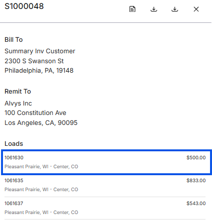Shows the preview for summary invoice S1000048, with a blue box framing the first load line item (Load 1061630 for $500.00).