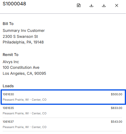 Shows the preview for summary invoice S1000048, with a blue box framing the first load line item (Load 1061630 for $500.00).