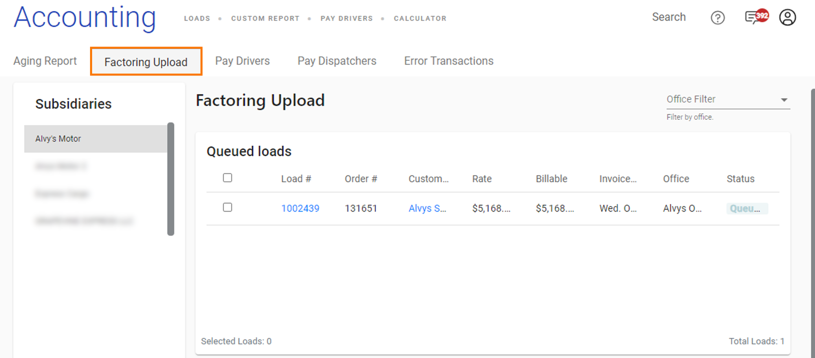 Subsidiary selection on the Factoring Upload page