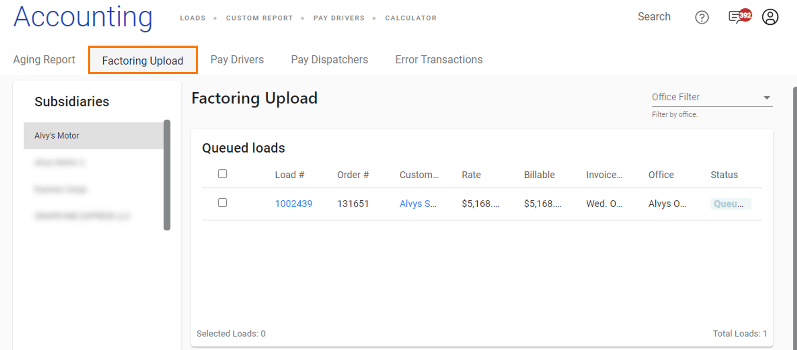 Subsidiary selection on the Factoring Upload page