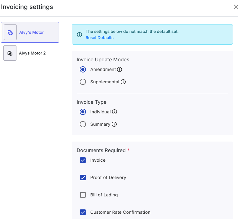 Image showing the Invoicing settings page in the Customer/Broker profile with the five configuration areas.