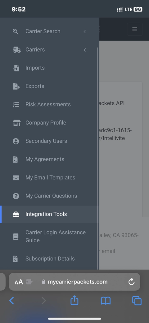 MyCarrierPackets Integration Tools tab showing the Add Integration button.