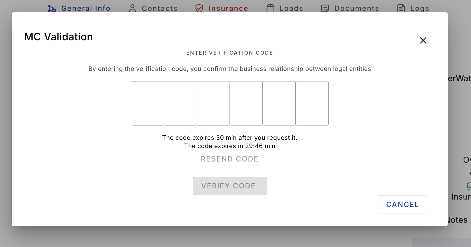 Motor Carrier Validation form with an alternate view of the code entry step.