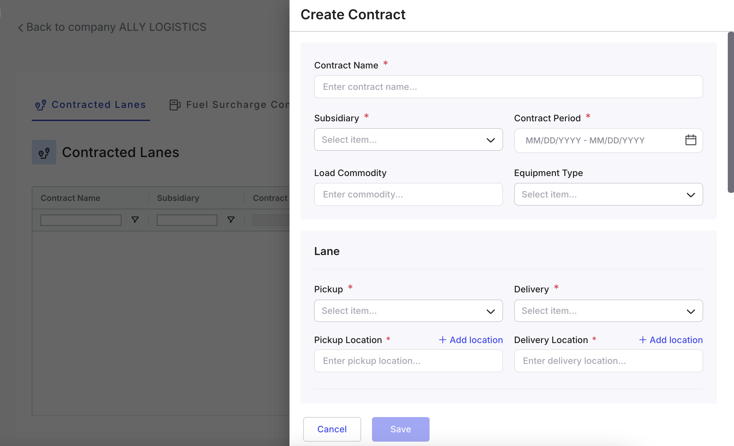 Create Contract dialog showing the Rate Type dropdown with Flat, Per Mile, Per Weight, and Per Volume options.