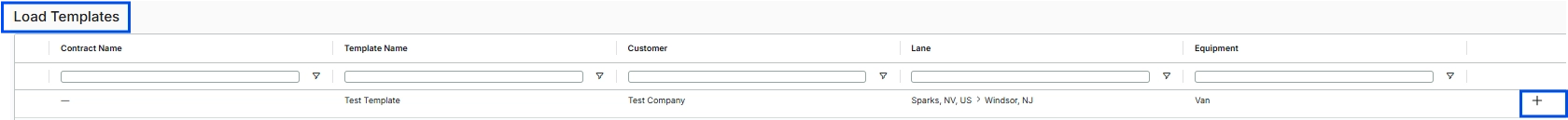Load Templates list page showing saved templates with template name, route, and equipment type columns.