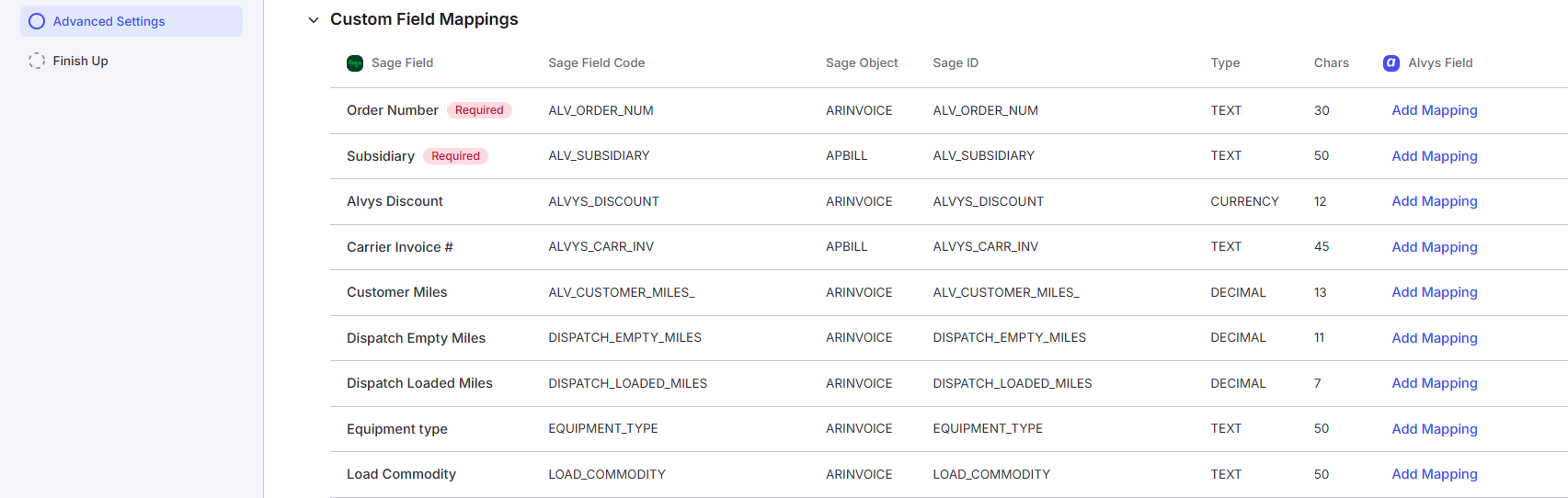 The Custom Field Mappings accordion expanded in the Dimensions and Custom Fields tab.