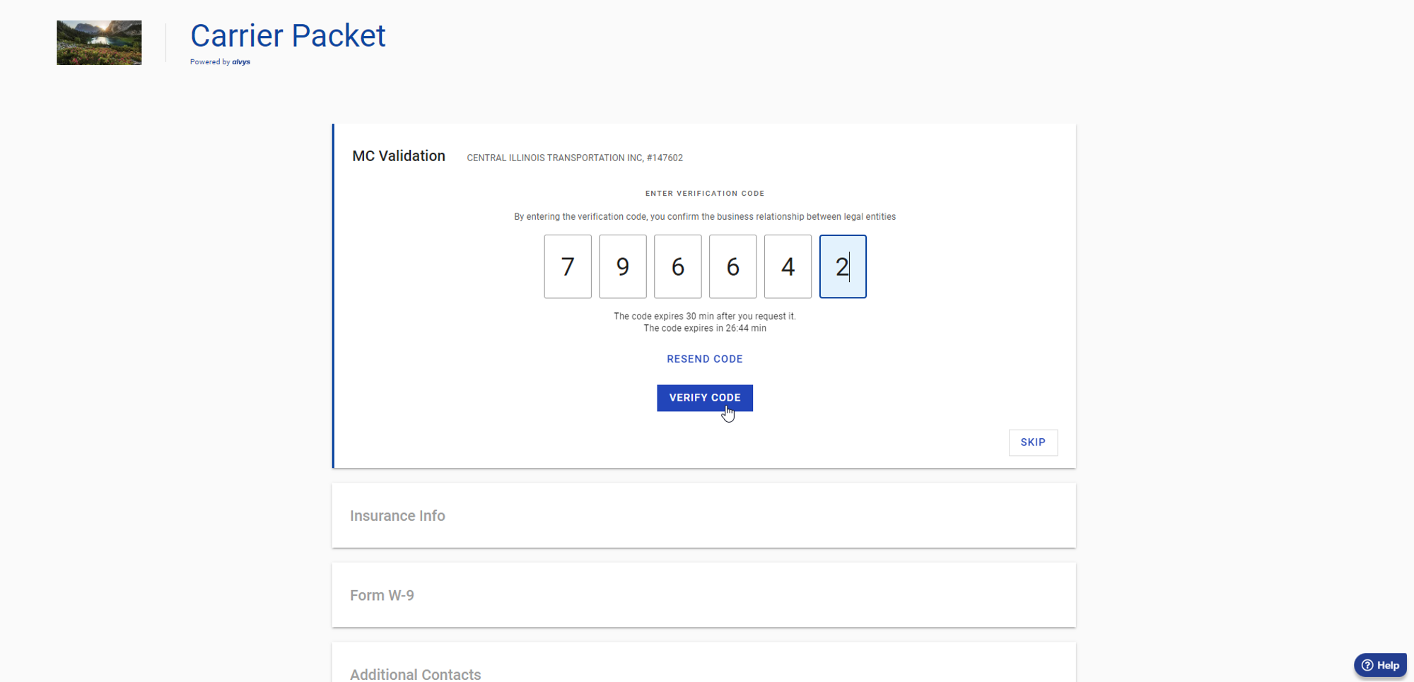 Motor Carrier Validation form showing the 6-digit code entry field and submit button.