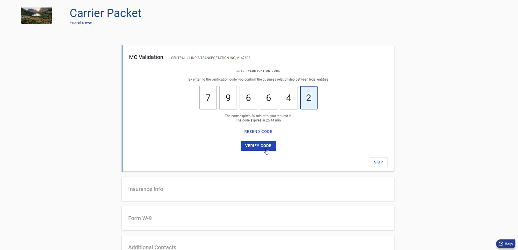 Motor Carrier Validation form showing the 6-digit code entry field and submit button.