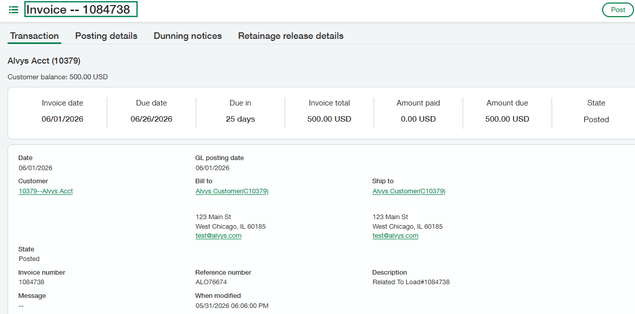 Shows the comprehensive transaction view for Invoice -- 1084738, with a green frame calling attention to the main system document header.