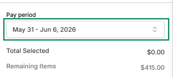 Features a payroll summary panel with a green box outlining the active Pay period drop-down date selection field.