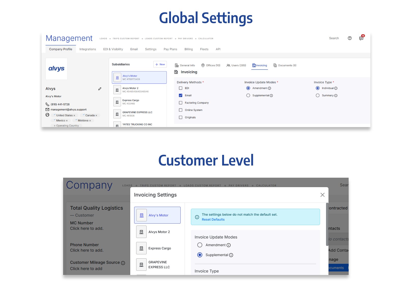 Screenshot showing the Factoring Company invoicing method selection in Alvys settings