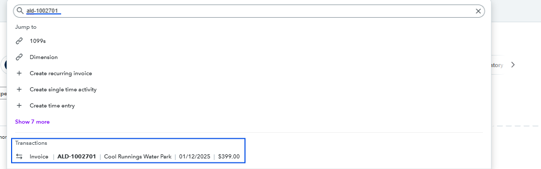 Image showing the QuickBooks Online global search with the exported invoice with Alvys predefined prefix