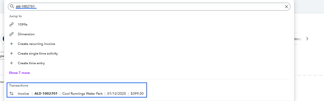 Image showing the QuickBooks Online global search with the exported invoice with Alvys predefined prefix