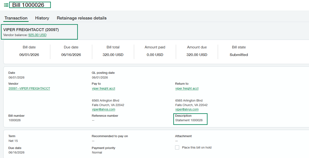 Displays the external ledger sheet for Bill 1000026, with green boxes highlighting the bill identifier, vendor name, and statement description.