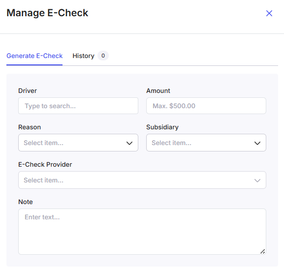 Image showing the manage E-Check panel, which includes input fields for driver, e-check amount, e-check reason, subsidiary, E-check provider and note.
