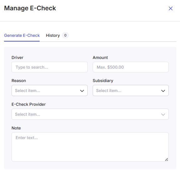 Image showing the manage E-Check panel, which includes input fields for driver, e-check amount, e-check reason, subsidiary, E-check provider and note.