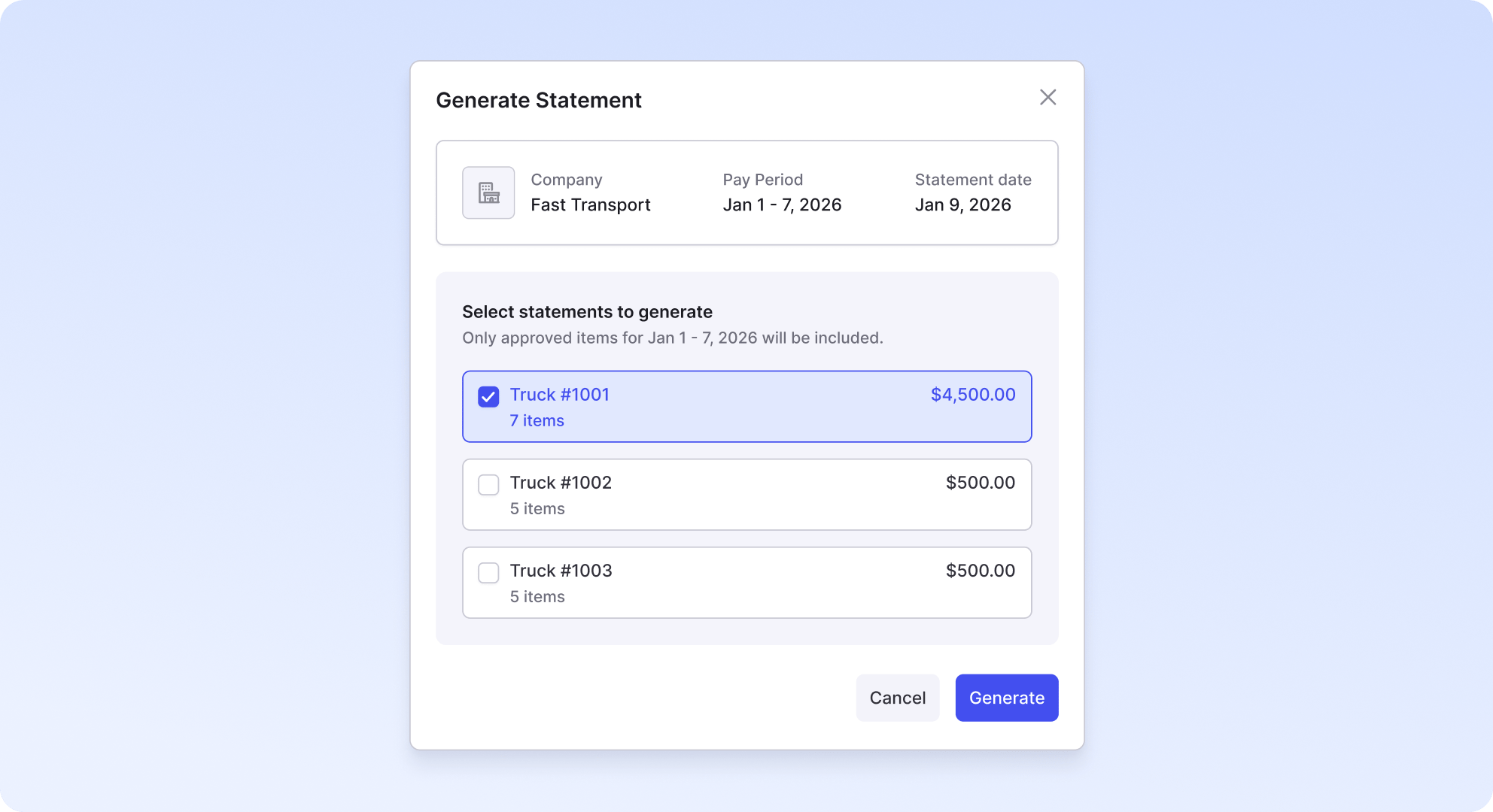 Driver Settlements tab showing the Generate button next to a statement period.