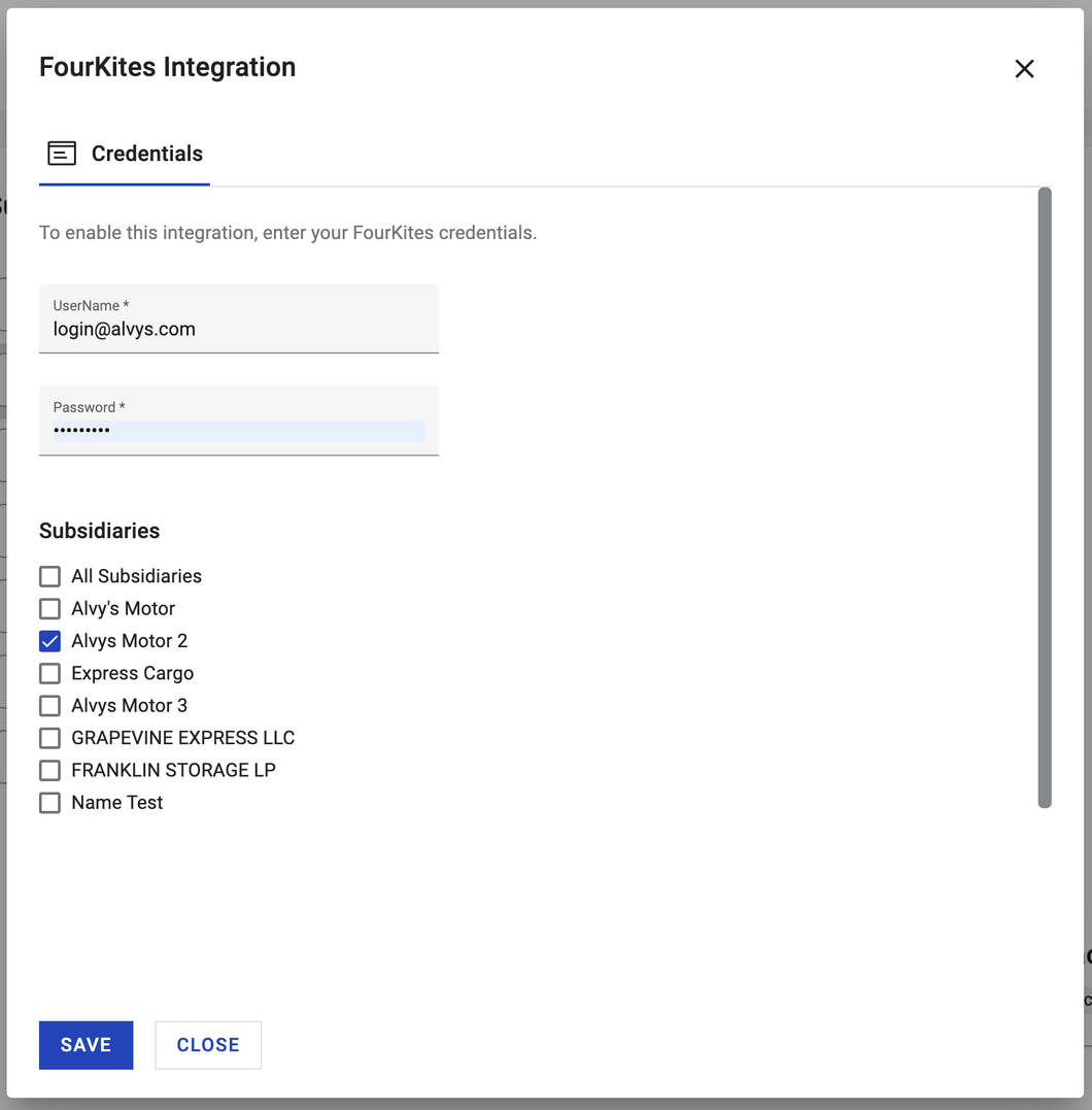 FourKites credentials entry showing username, password, and subsidiary selection