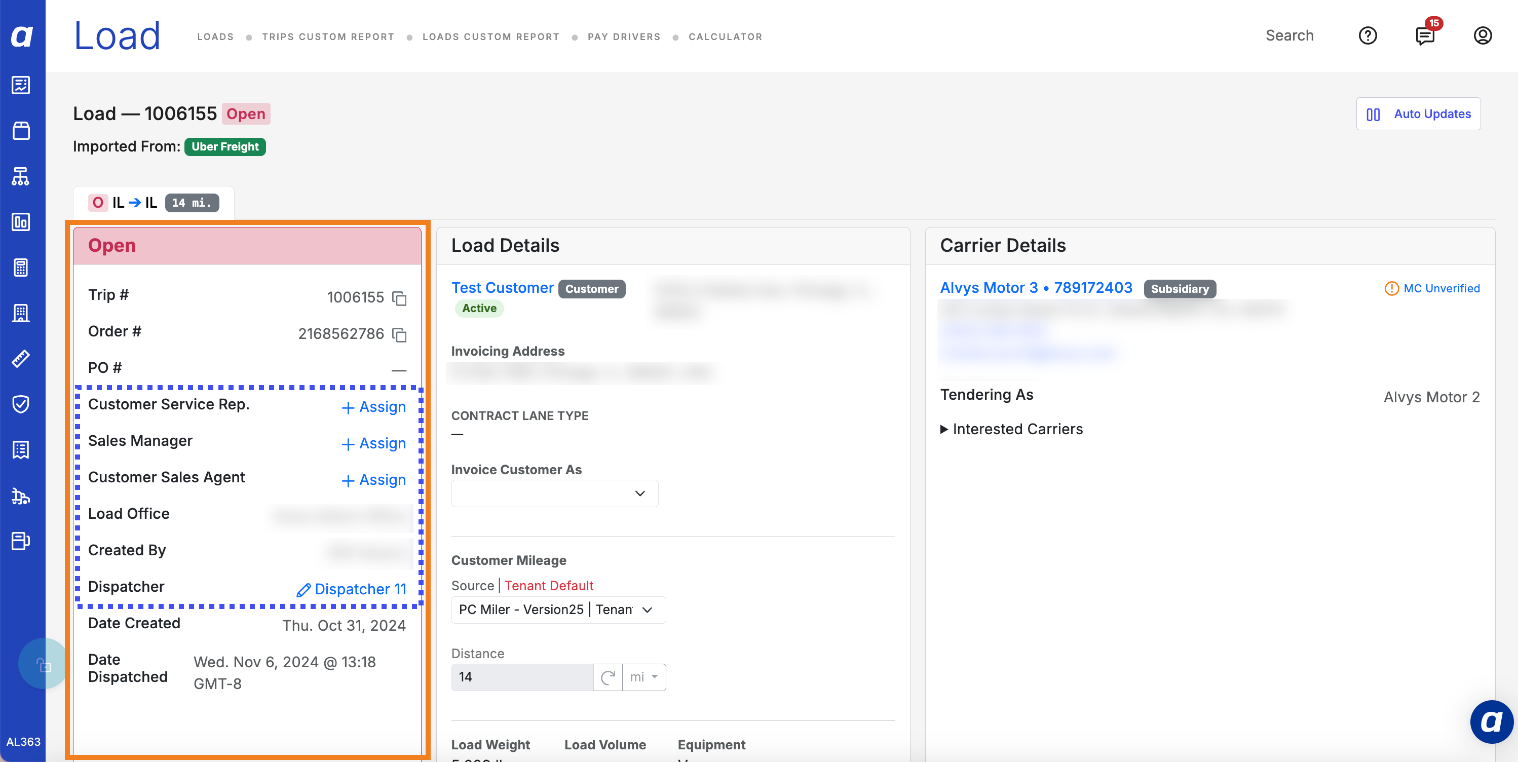 Load Details Page showing the role assignment fields.