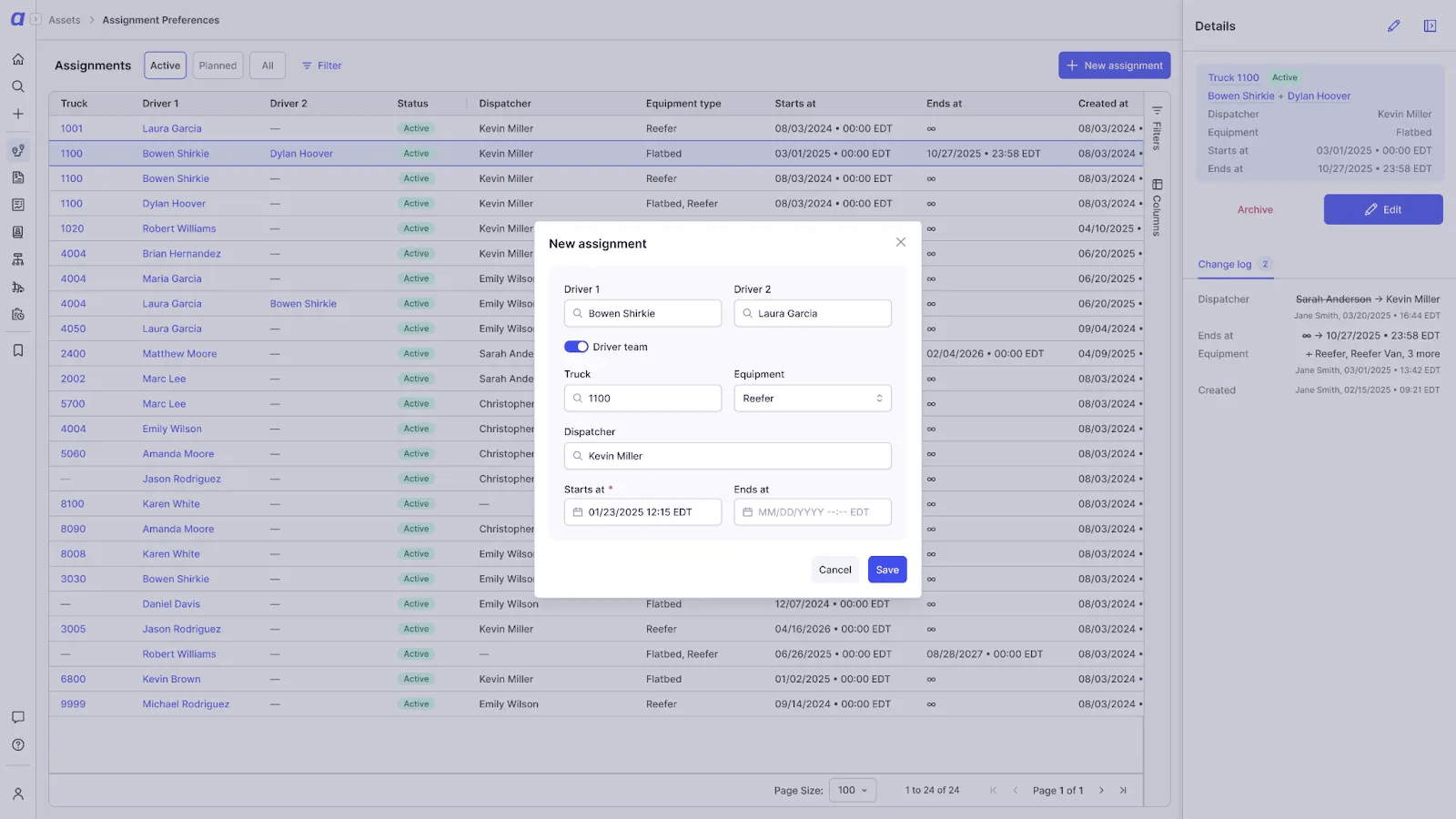 Assignment Preferences screen showing driver-truck combinations and trailer type filtering