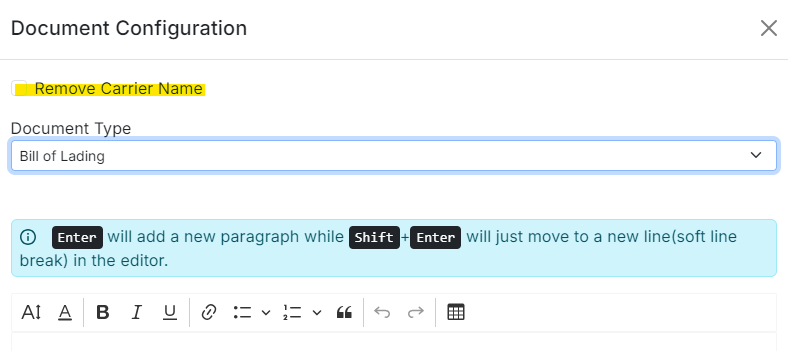 The Bill of Lading editing window inside Document Configuration, with the Remove Carrier Name checkbox visible and unchecked (default state)