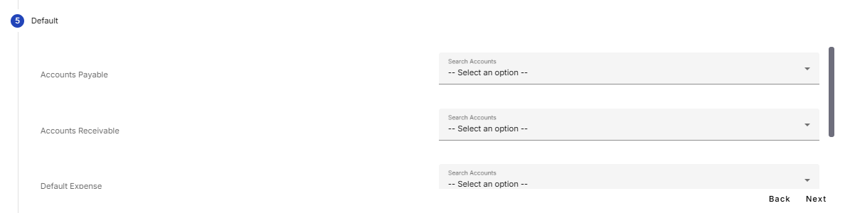 Default account mapping fields screen.