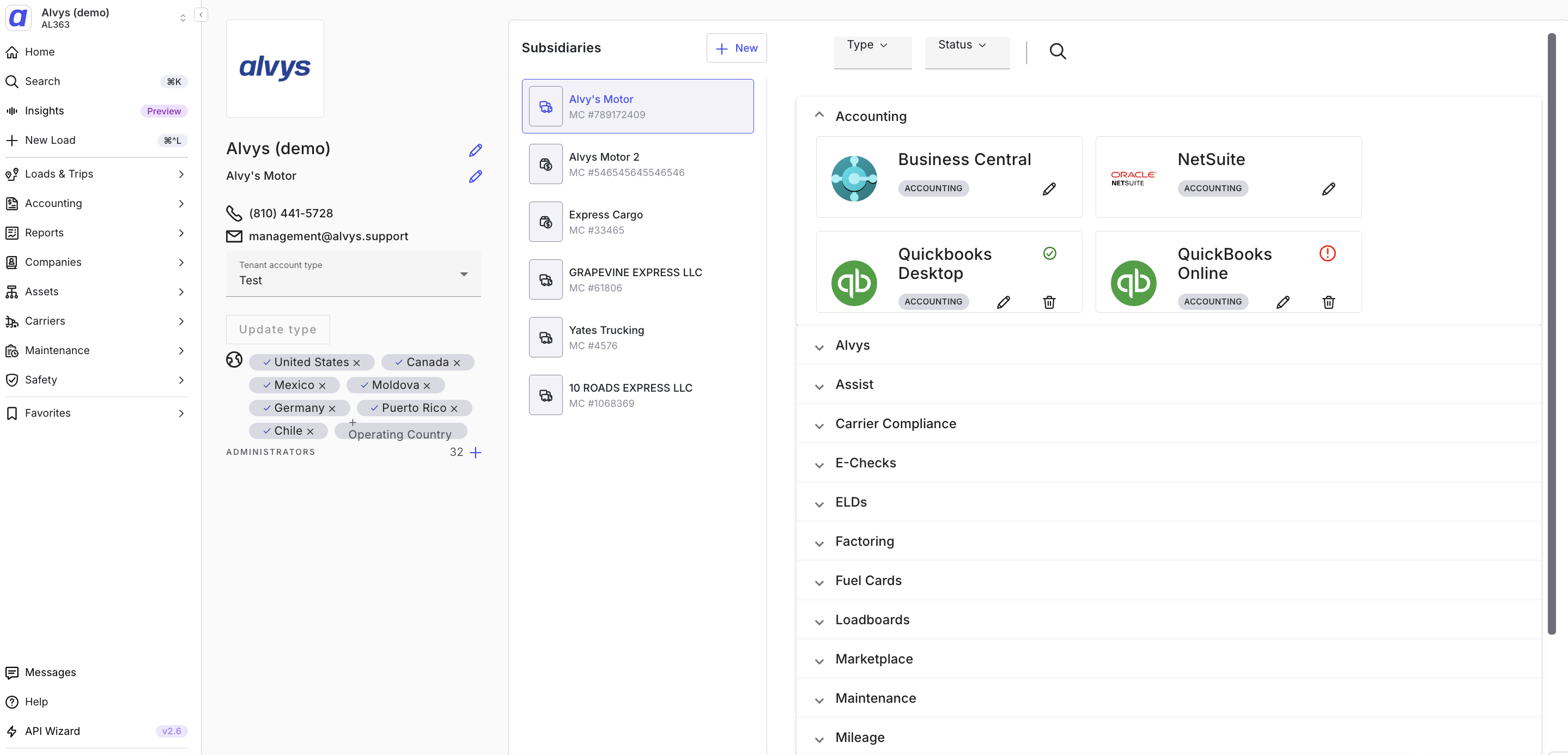 Screenshot showing the integrations page with the Accounting section opened.