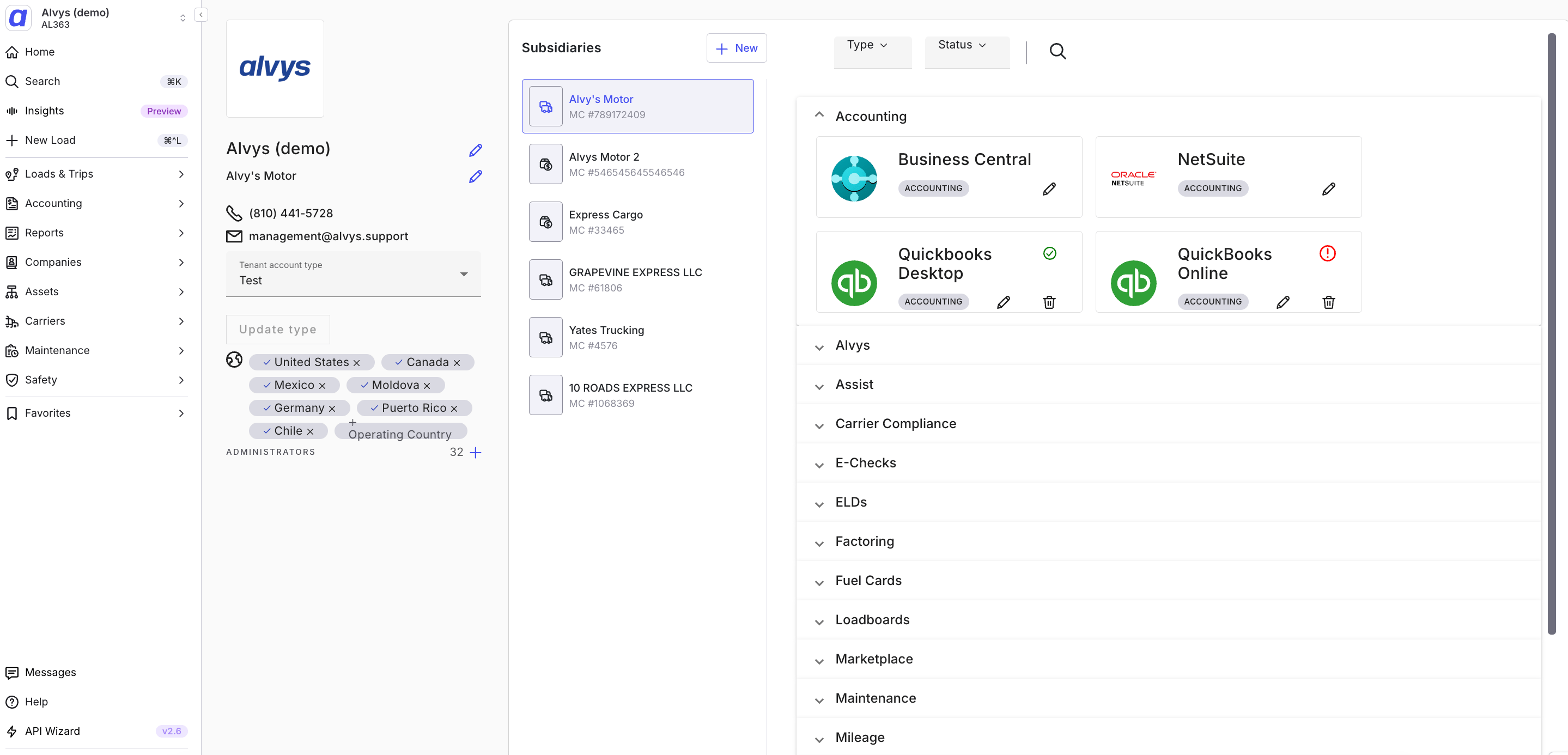 Screenshot showing the integrations page with the Accounting section opened.
