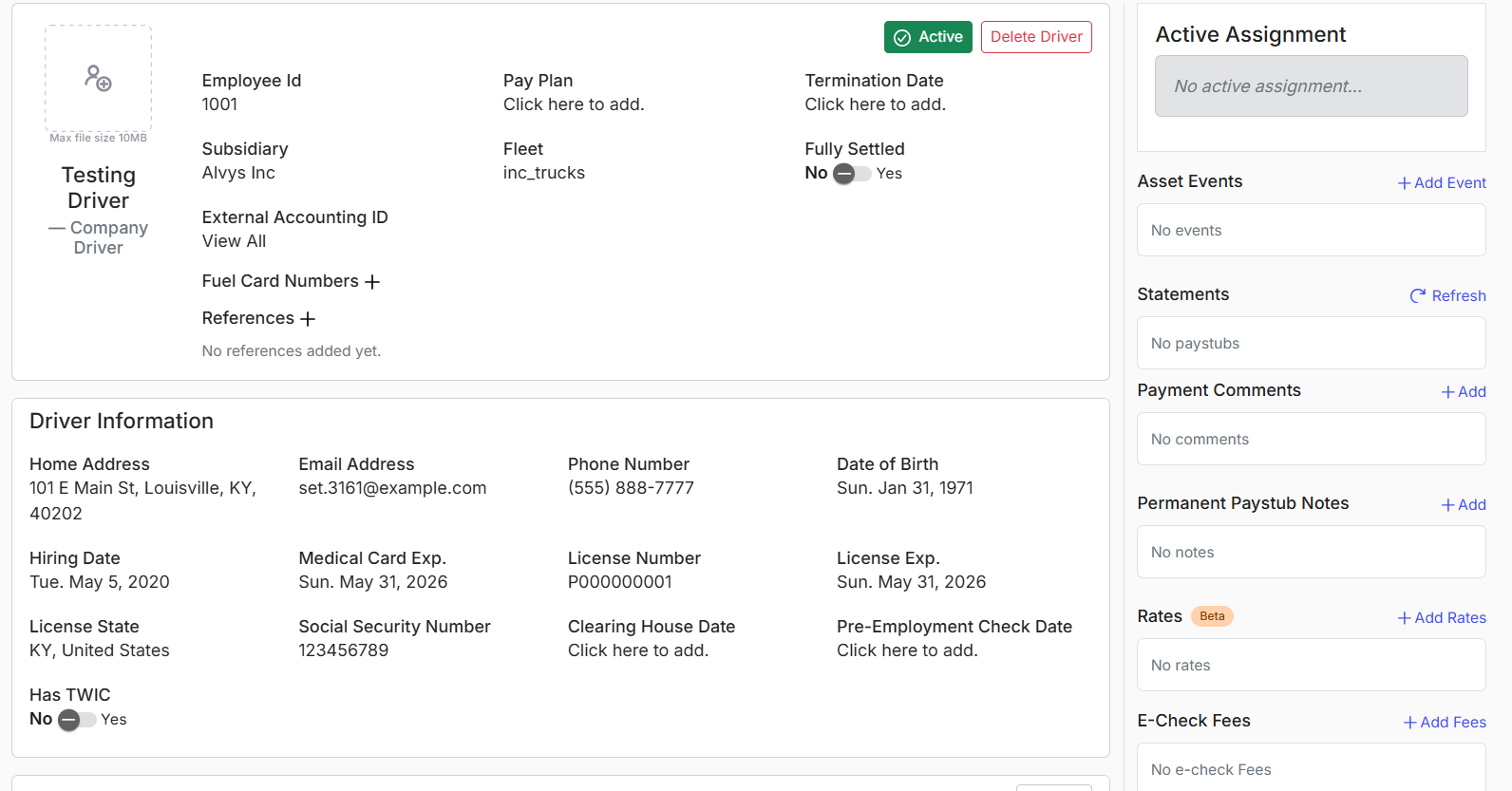 Saved driver profile showing the completed driver record with fields populated.