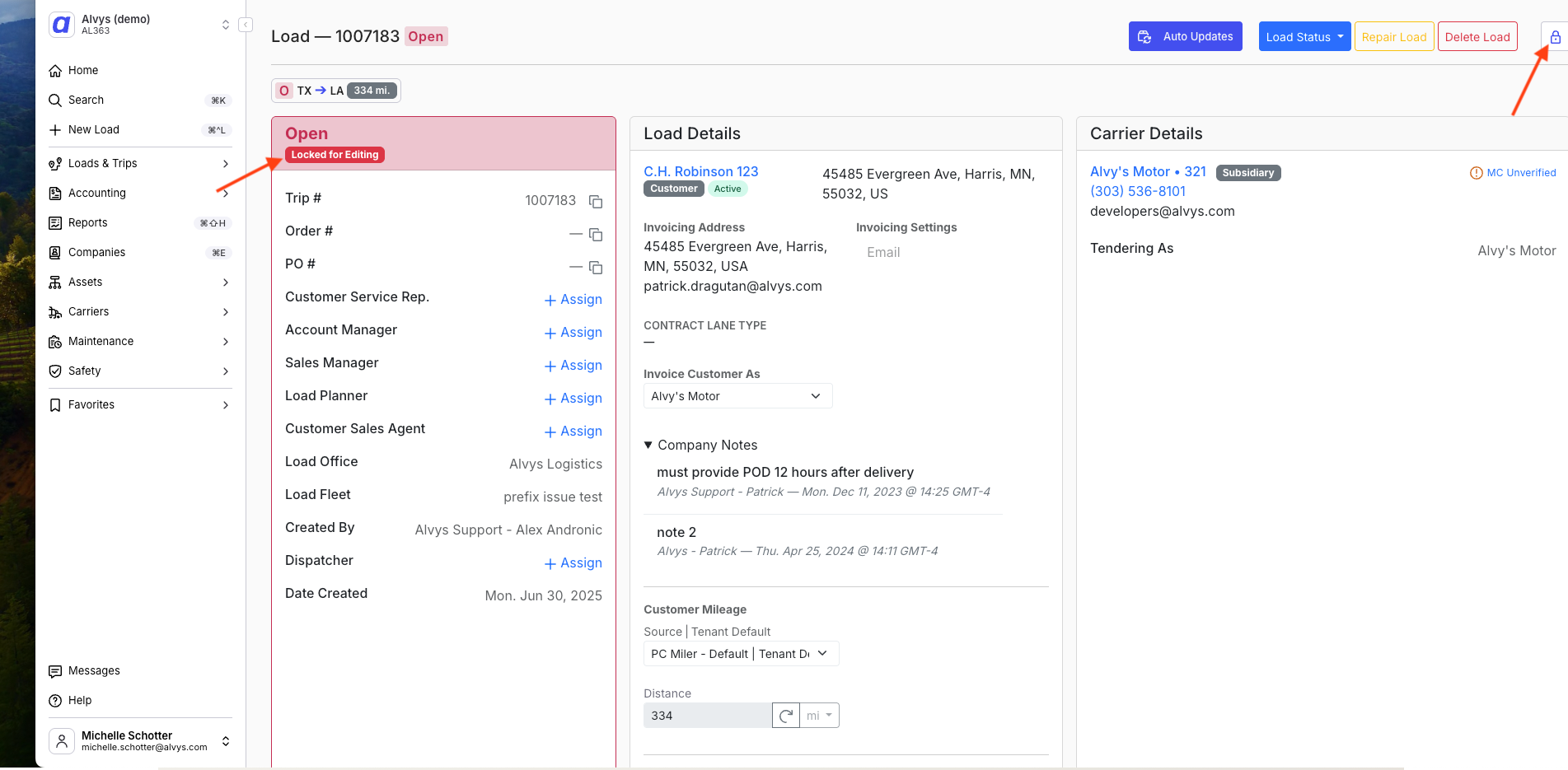 The load details page showing a red Locked for Editing tag displayed below the trip status badge in the load header. An arrow points to the tag to highlight its location. The load number, status, and toolbar buttons are visible in the header area.