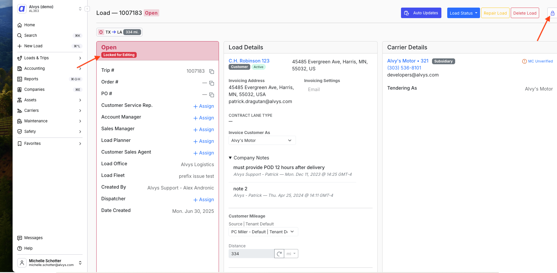 The load details page showing a red Locked for Editing tag displayed below the trip status badge in the load header. An arrow points to the tag to highlight its location. The load number, status, and toolbar buttons are visible in the header area.