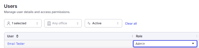 Screenshot of the Partner Admin role in Settings, Organization, Users.