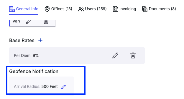 Geofence Notification section on the General Info tab showing the toggle and inactive state.