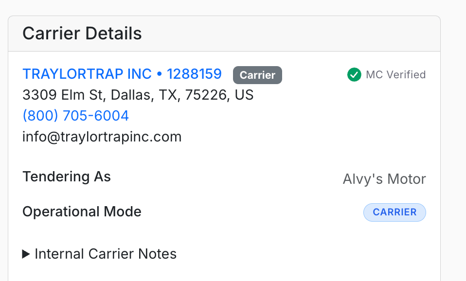 Carrier details in the Load details view showing the verified carrier status.