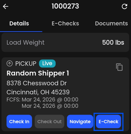 Mobile app e-check generation screen.