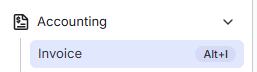 Shows the side navigation menu with the Invoice option selected under the Accounting dropdown.