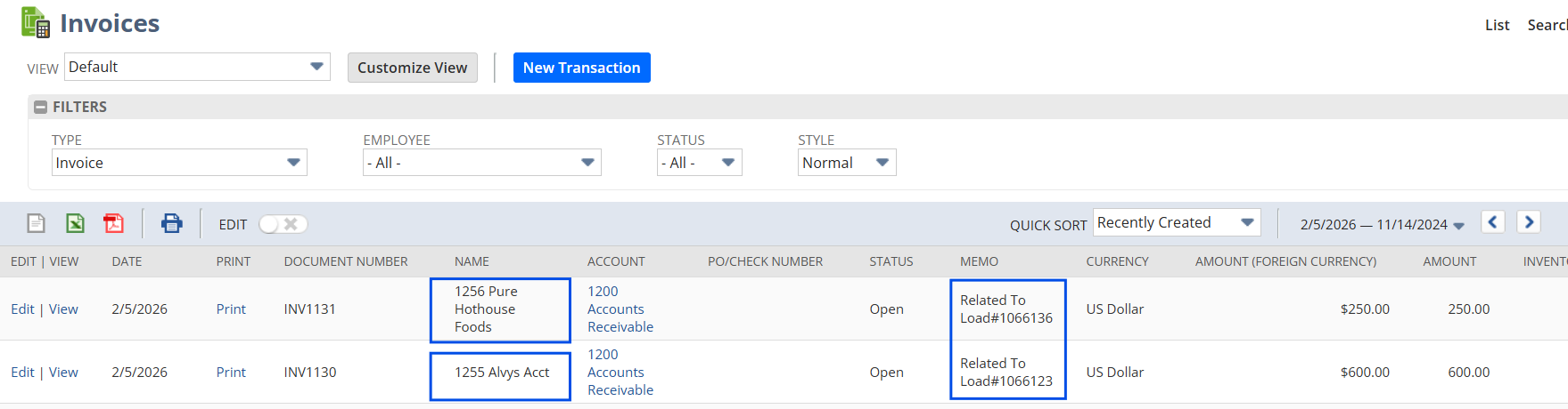 Image showing the exported invoices from Alvys in NetSuite