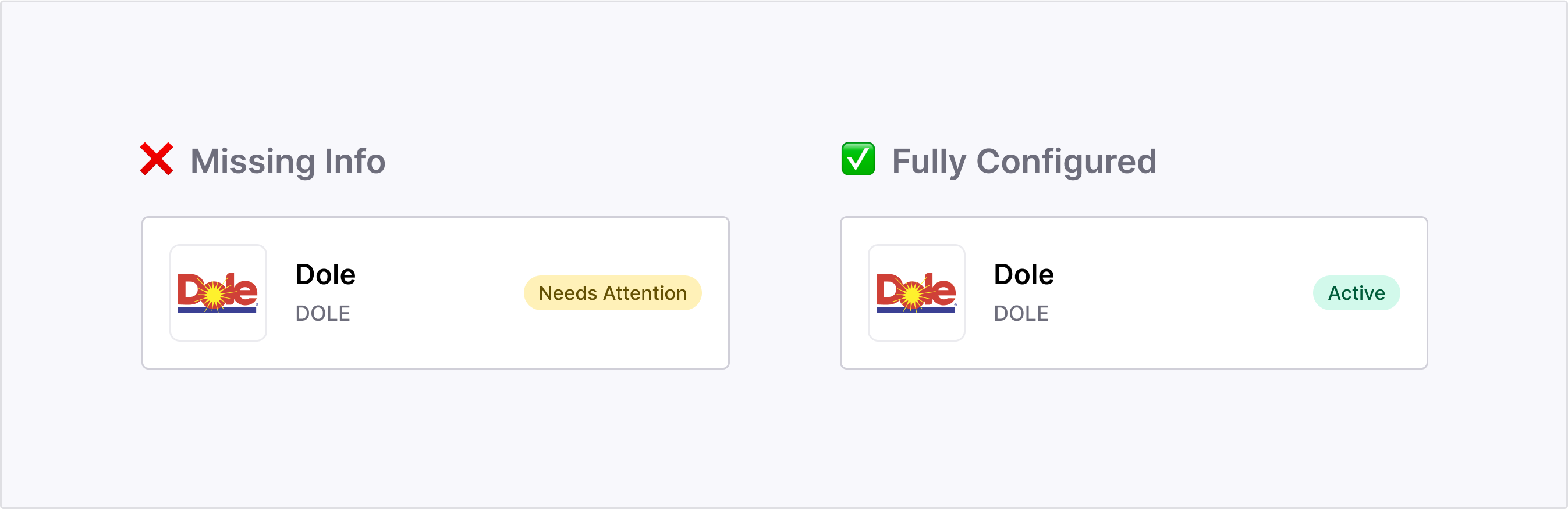 Screenshot showing a completed accessorial mapping row with trading code and vendor description filled in, with the status showing Active vs an incomplete one that needs attention