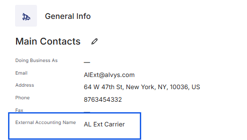 External Accounting Name on Carrier Profile