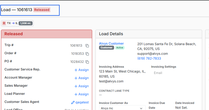 Shows the load details page with a blue bounding box highlighting the main record header for Load — 1061613 Released.