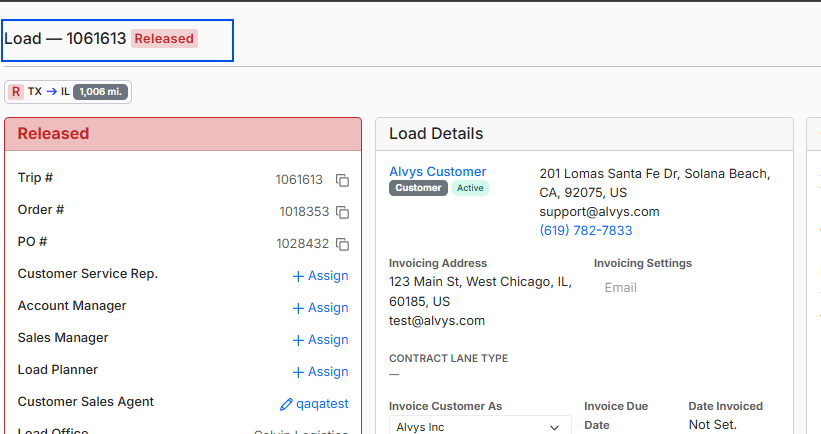 Shows the load details page with a blue bounding box highlighting the main record header for Load — 1061613 Released.