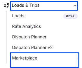 Left navigation showing Loads and Trips > Marketplace.