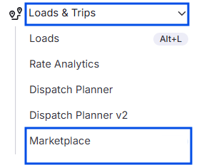 Left navigation showing Loads and Trips > Marketplace.